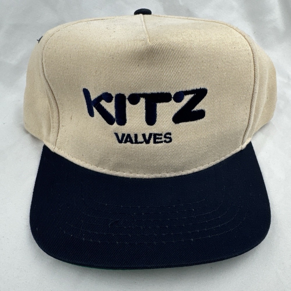 Vintage 90s KITZ Valves Industrial Snapback Hat Beige Navy Green Underbill